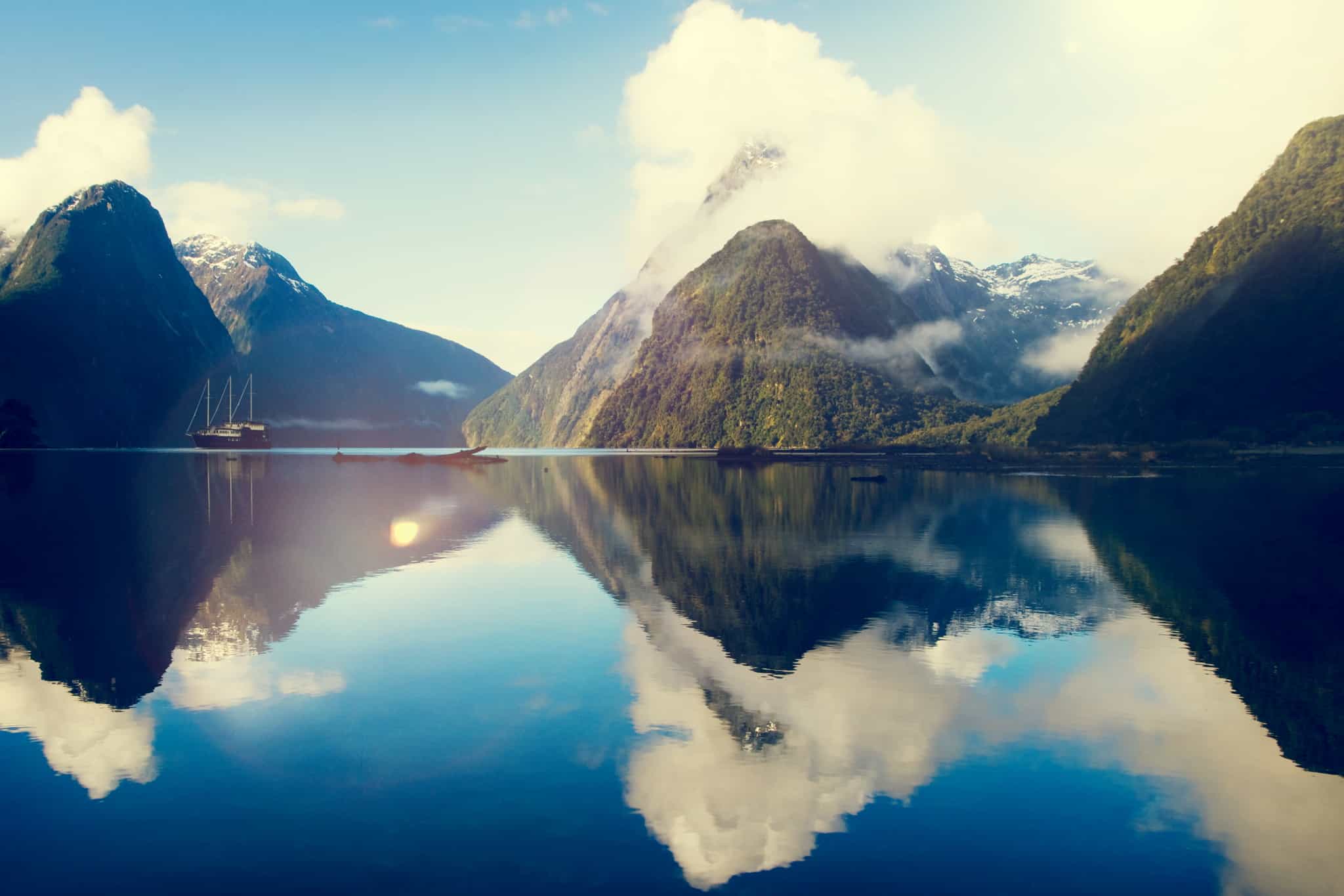 Calm waters of Milford Sound New Zealand