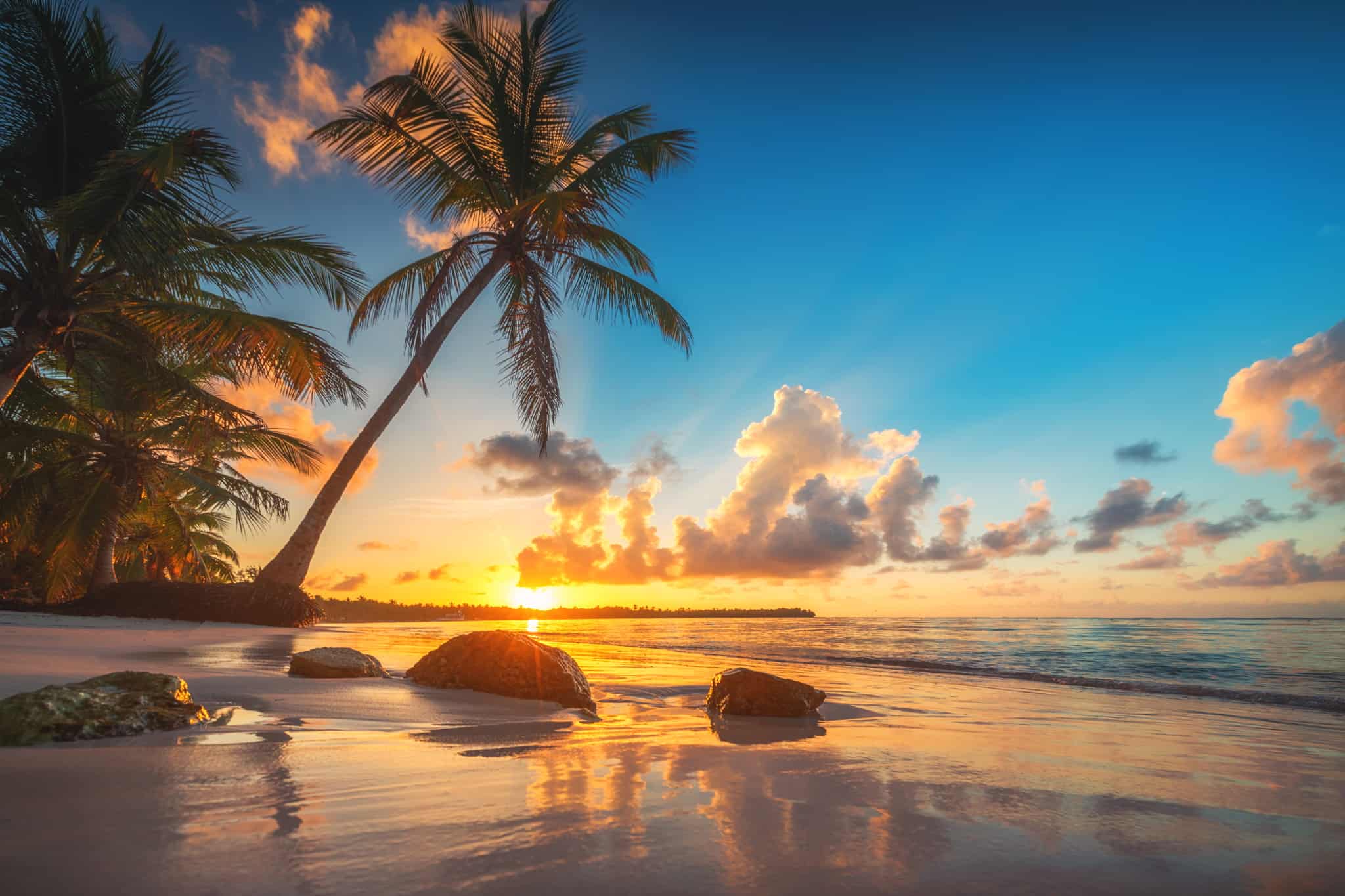 Bright sunrise at tropical beach in the Dominican Republic
