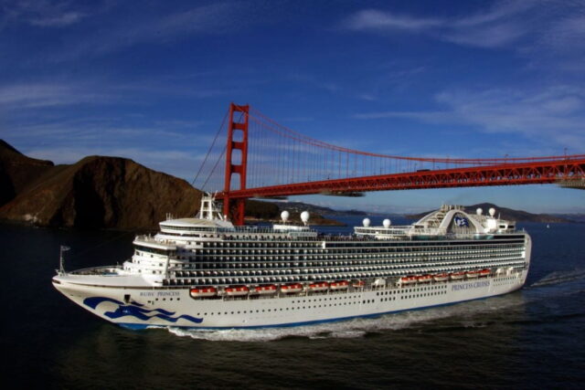 Ruby Princess cruise ship and Golden Gate Bridge in San Francisco